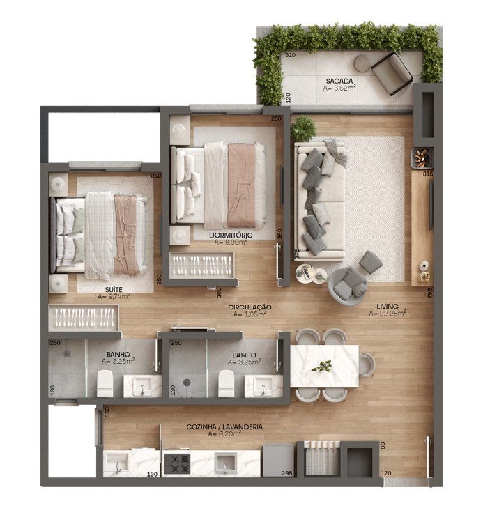 Planta 1 suíte + 1 dormitório, 70,84 m² do Casa Terralta
