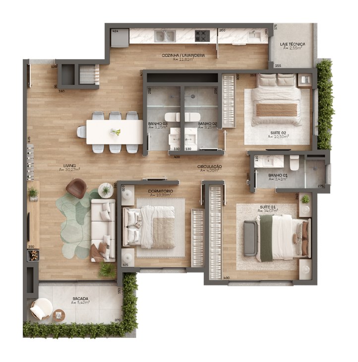 Planta 2 suítes + 1 dormitório, 110,52 m² do Casa Terralta