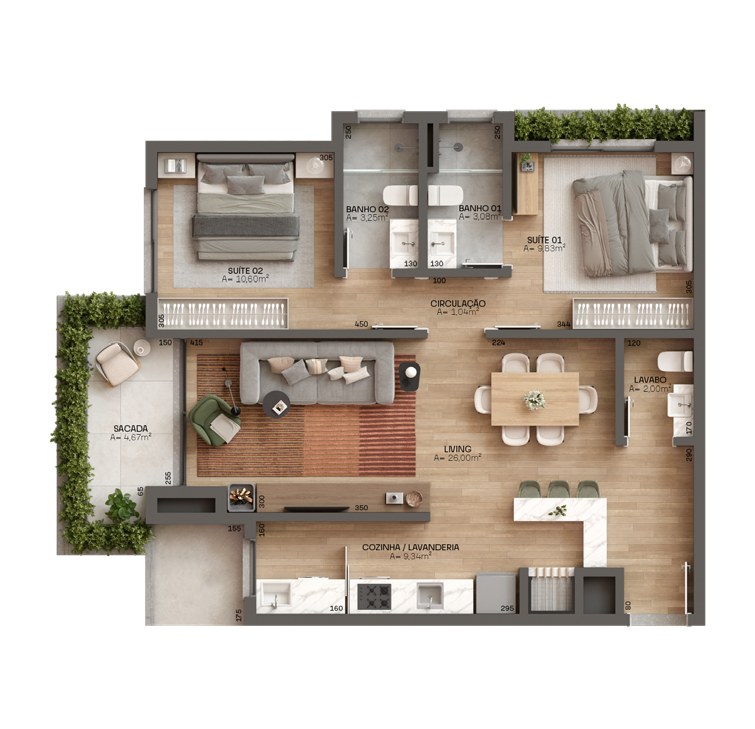 Planta 2 suítes, 80,38 a 81,21 m² do Casa Terralta