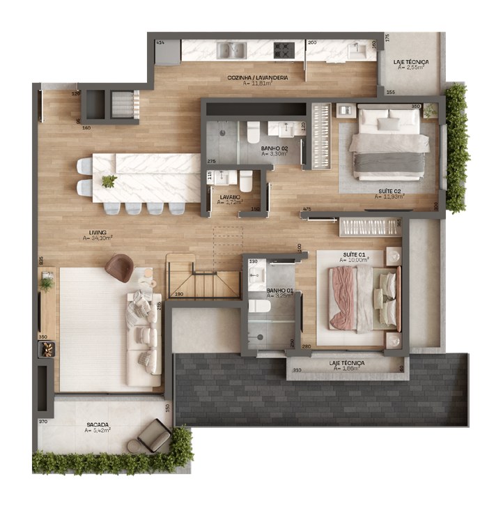 Planta duplex 501, 144,48 m² do Casa Terralta