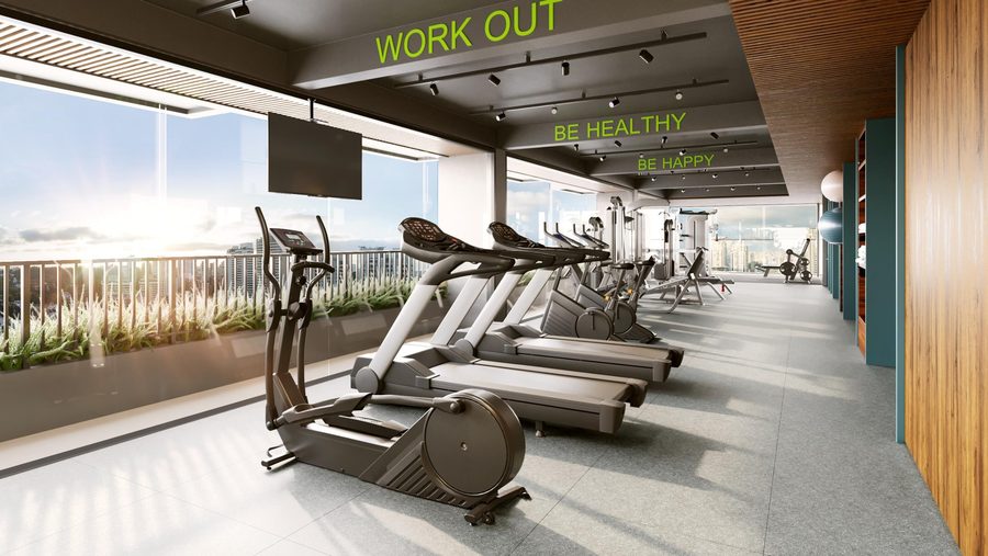 Fitness do GO Rio Branco com esteiras e vista para a cidade