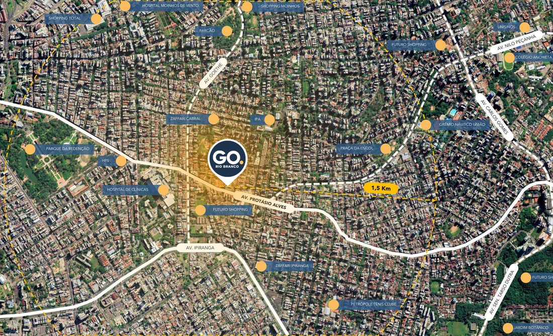 Mapa aéreo do entorno do GO Rio Branco, com Parcão, Redenção e UFRGS marcados