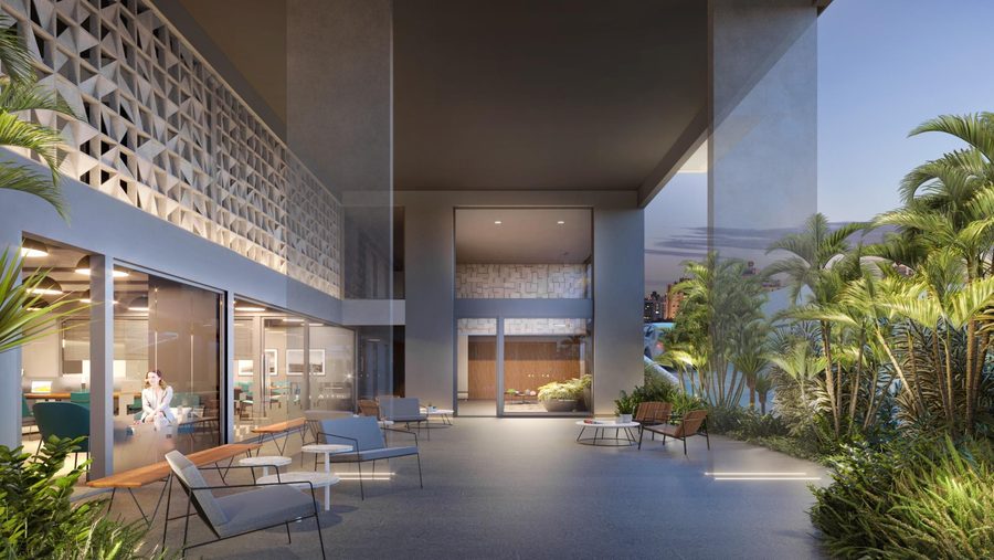 Pilotis do GO Rio Branco, integrado ao coworking e ao hall