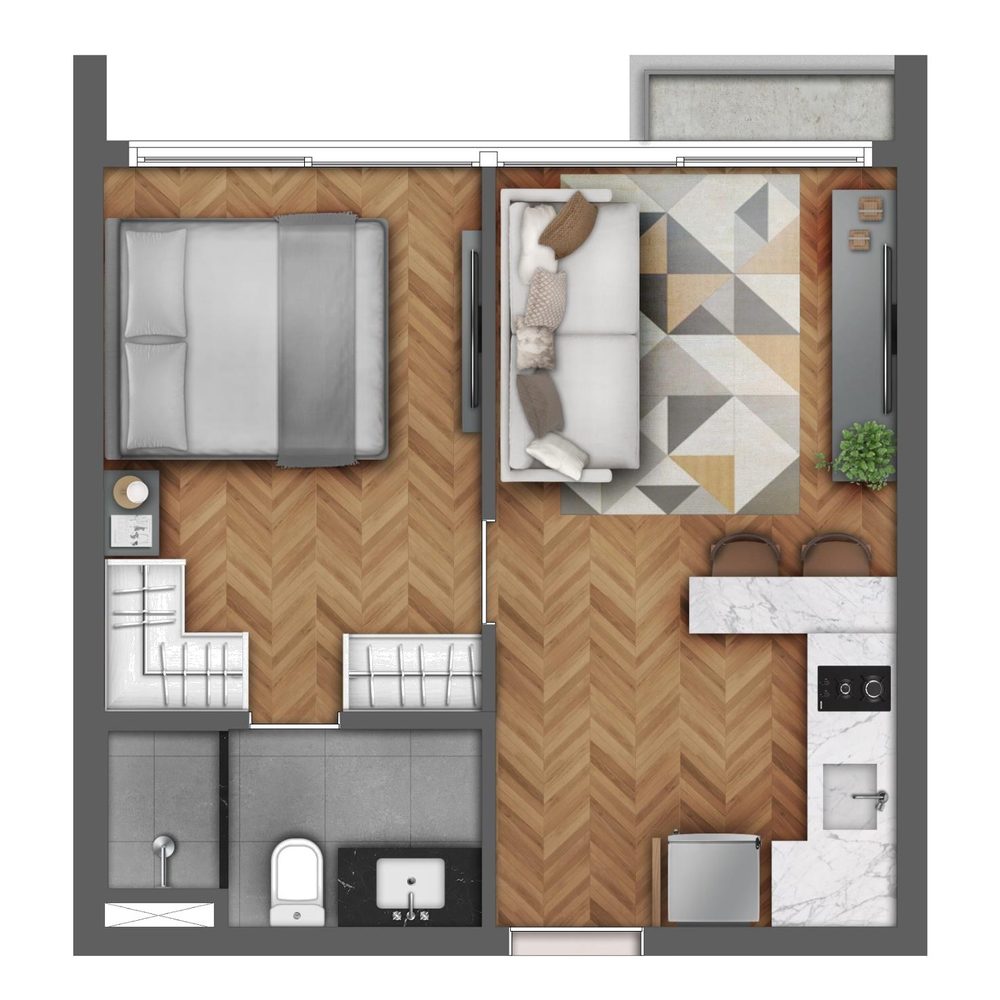 Planta 1 dormitório slim, 33,85 m² do GO Rio Branco
