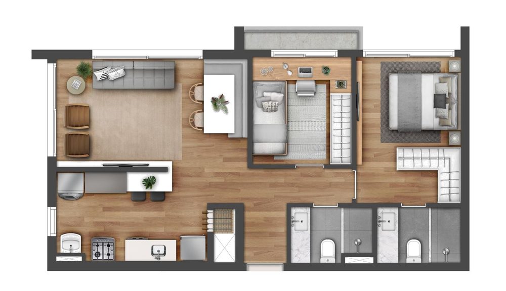 Planta 2 dormitórios ponta, 62,39 a 63,37 m² do GO Rio Branco