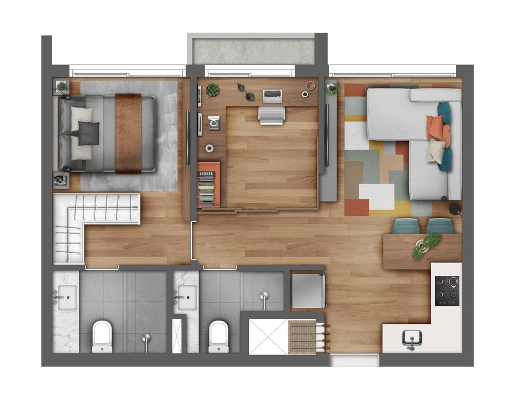 Planta 2 dormitórios slim, 46,88 a 47,78 m² do GO Rio Branco