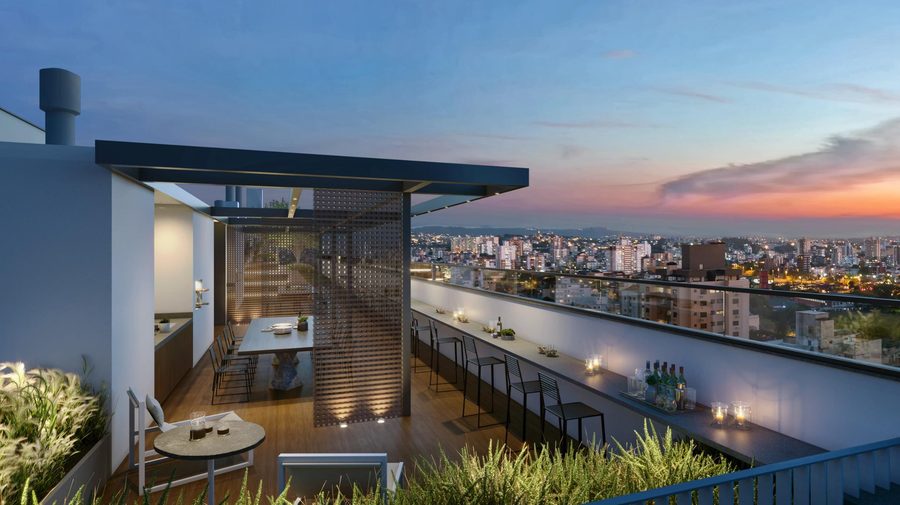 Gourmet do rooftop com churrasqueira e vista da cidade