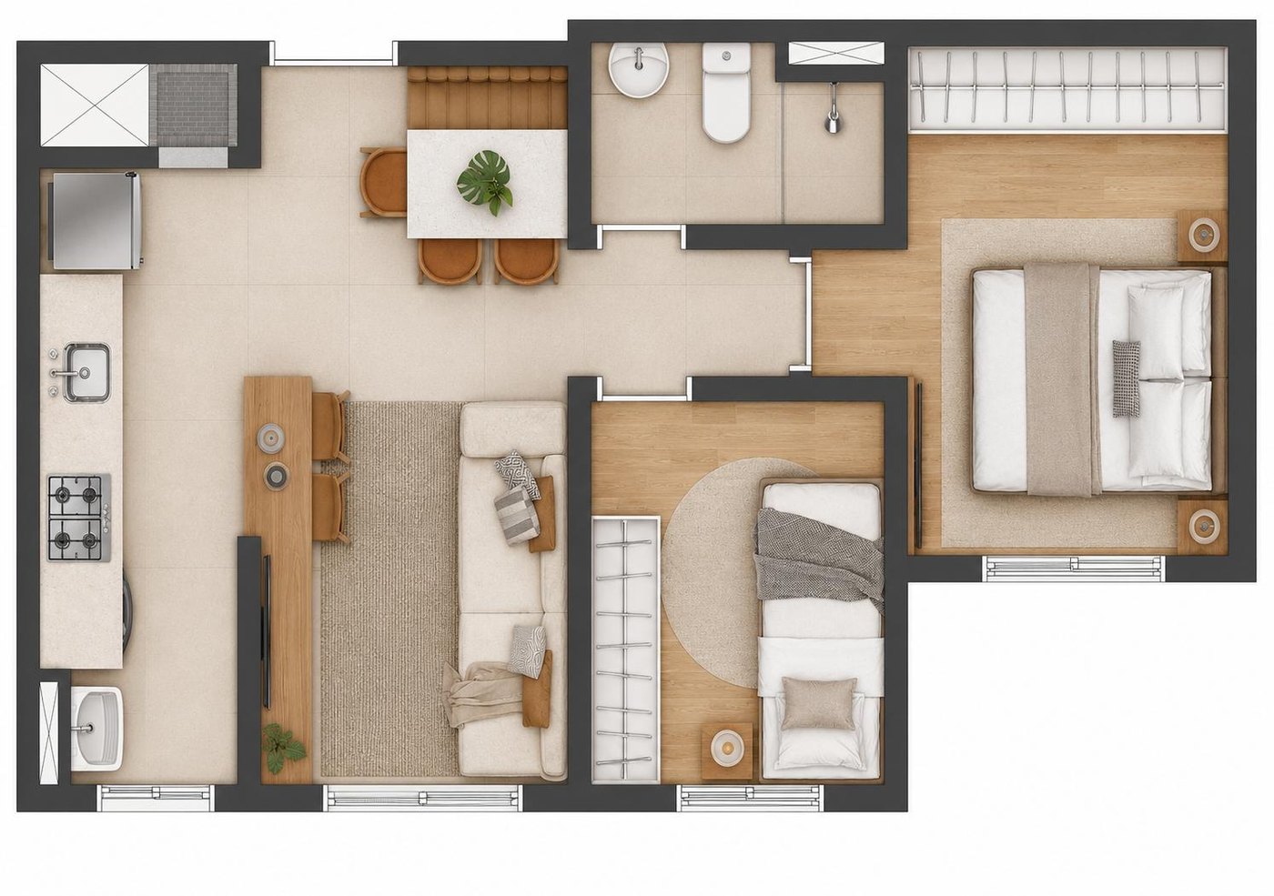 Planta 2 dormitórios de meio, 40 m² do Open Albano