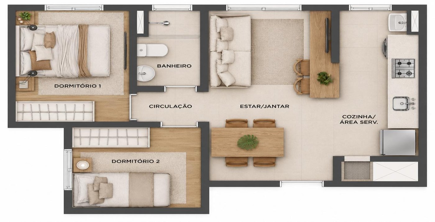 Planta 2 dormitórios de ponta, 40 m² do Open Albano