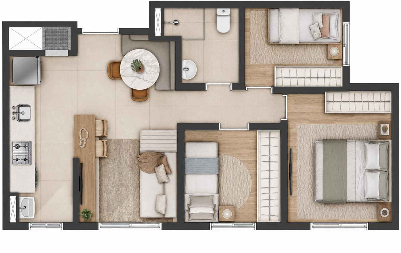 Planta 3 dormitórios, 46 m² do Open Albano