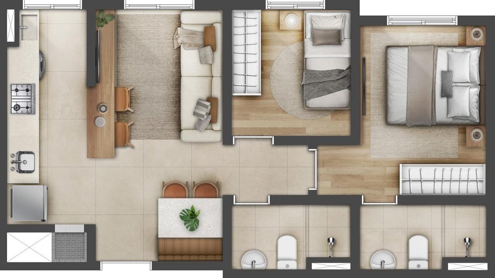 Planta dois dormitórios, 46,70 m² do Open Arvoredo