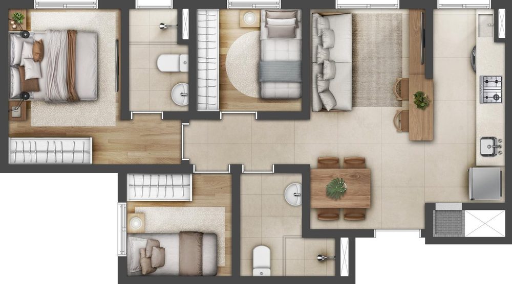 Planta três dormitórios, 53,08 m² do Open Arvoredo