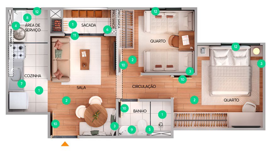 Planta com sacada, 43,29 m² do Porto Atacama