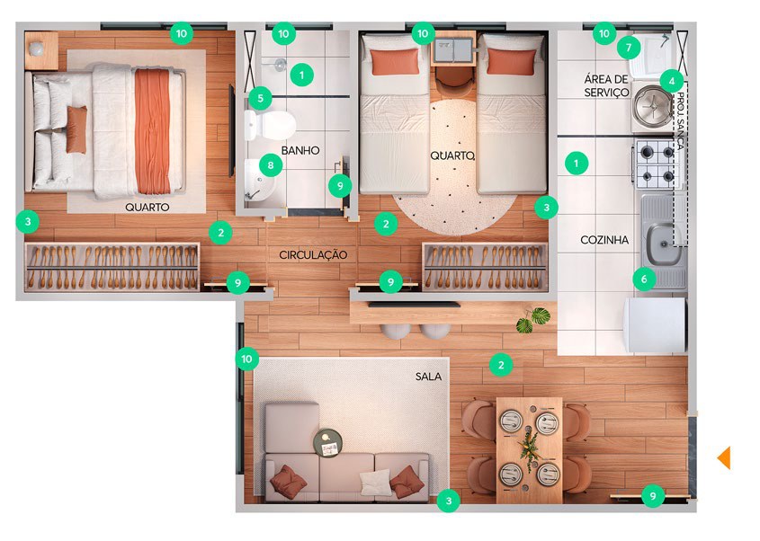 Planta apartamento tipo, 39,71 m² do Porto Atacama