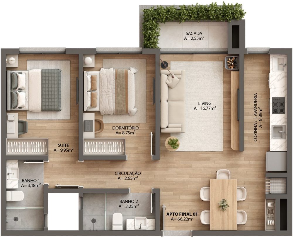 Planta 1 suíte + 1 dormitório, 66,22 m² do Ressência