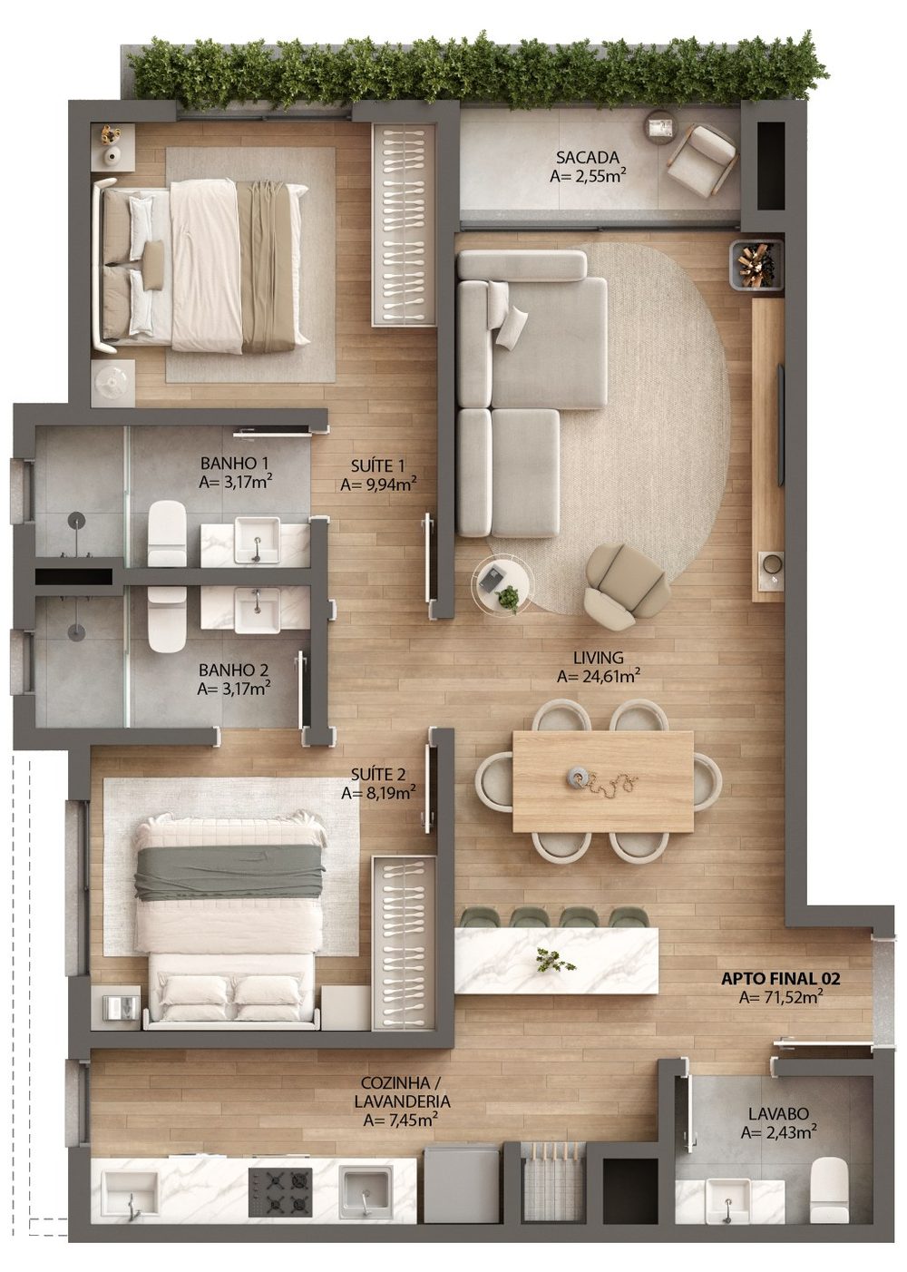 Planta 2 suítes, 71,52 m² do Ressência