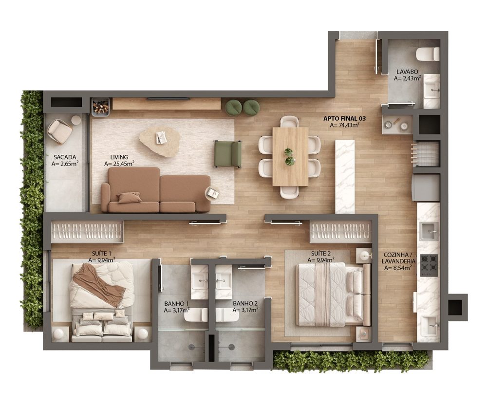 Planta 2 suítes, 74,43 m² do Ressência