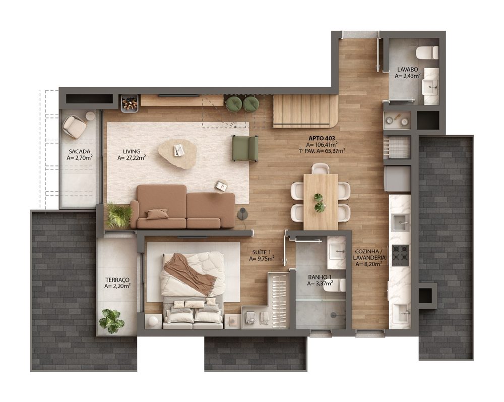 Planta duplex 403, 106,41 m² do Ressência