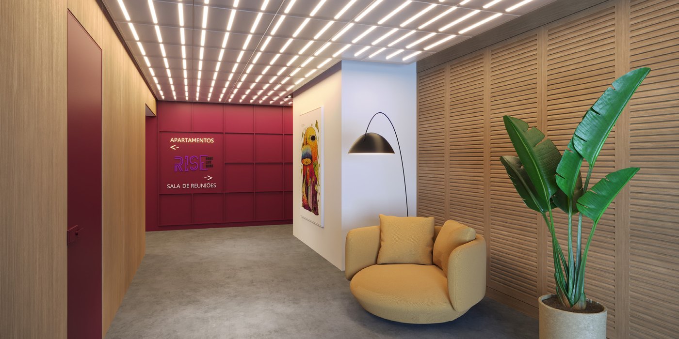 Hall de entrada do RISE, com iluminação linear e madeira