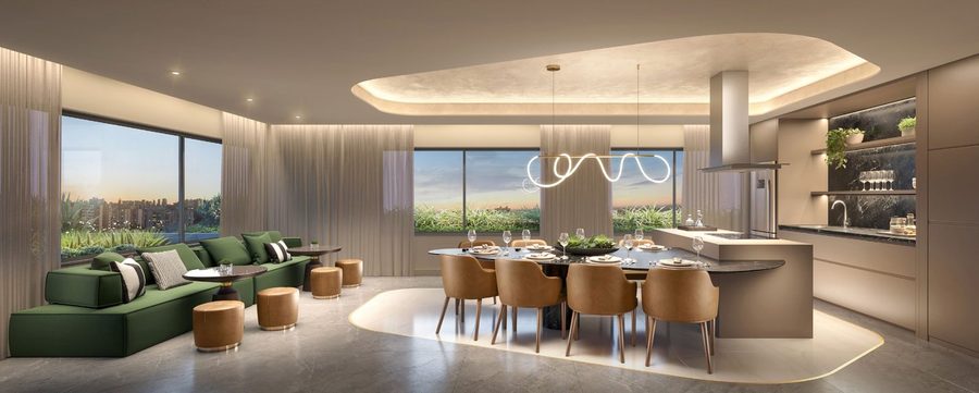Coworking do Skyglass com mesas e vista para a cidade