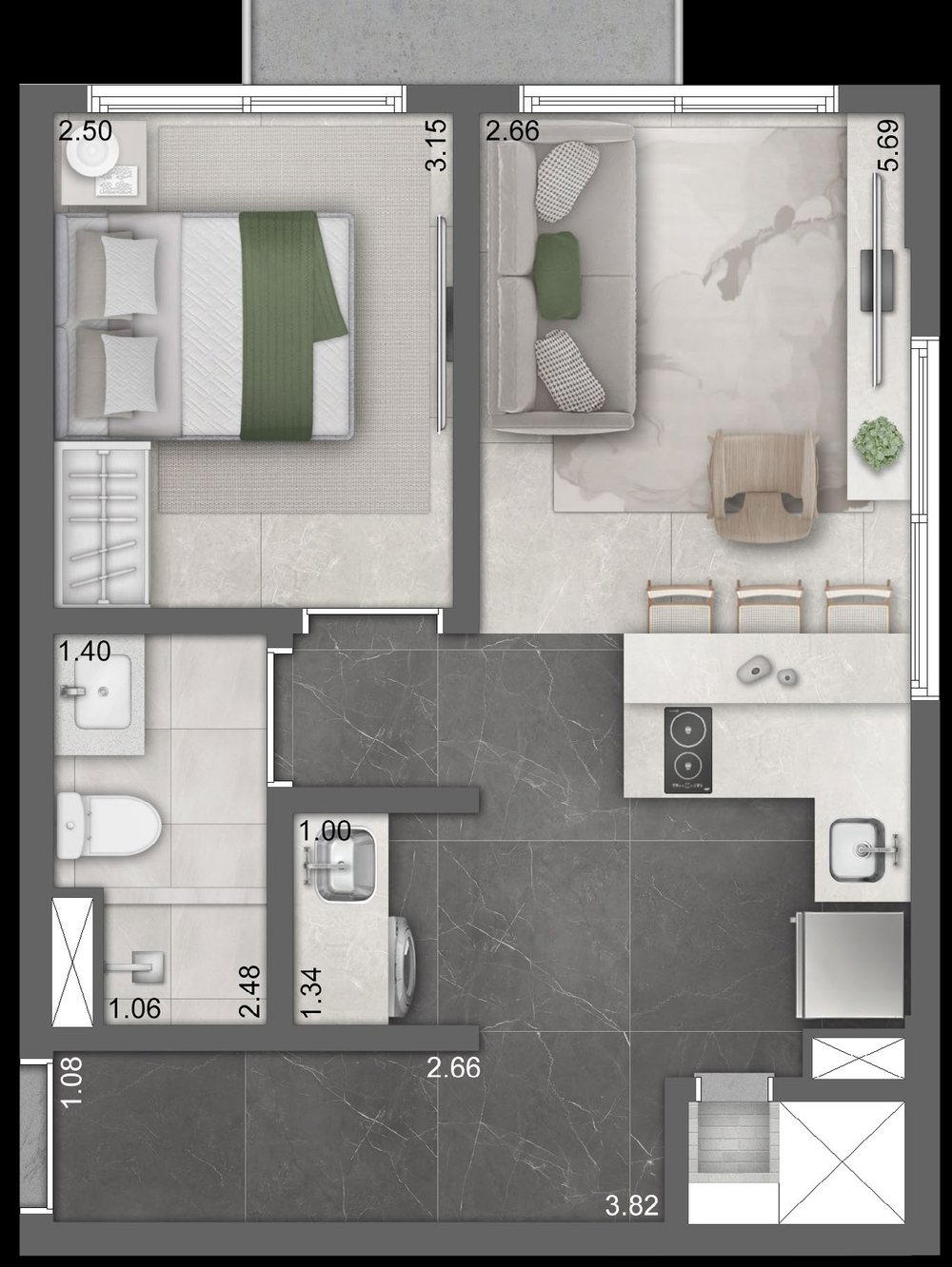 Planta apartamento 1 dormitório, 43 m² do Skyglass Parque Moinhos