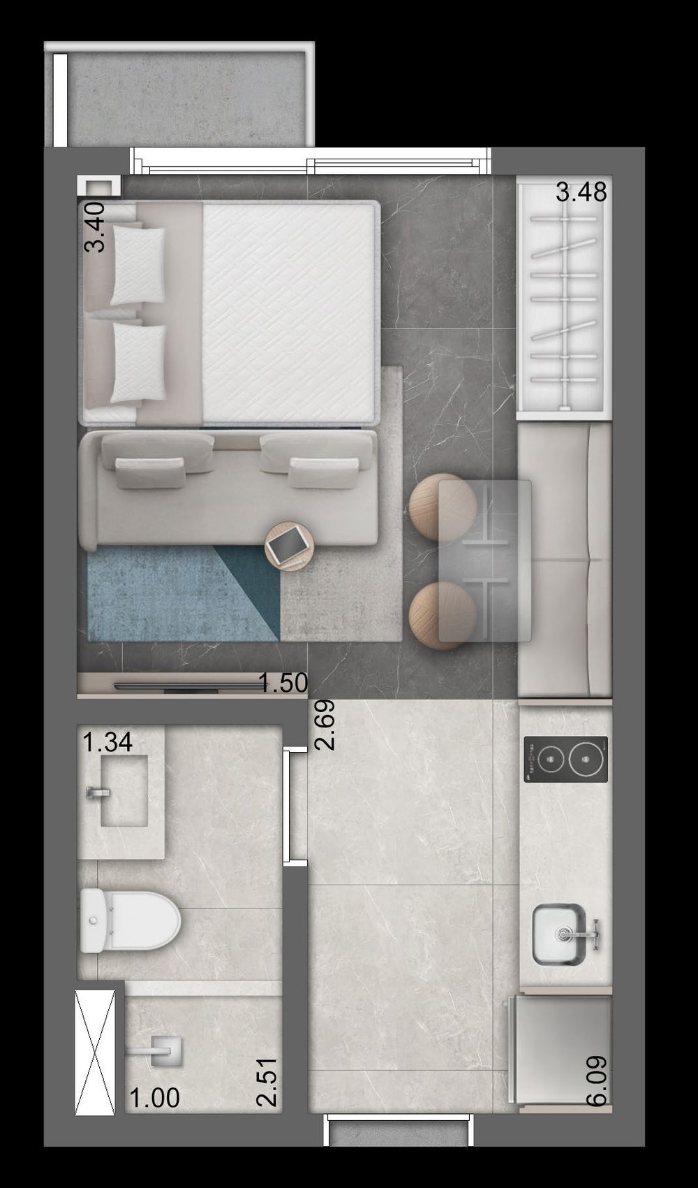 Planta studio, 25 m² do Skyglass Parque Moinhos