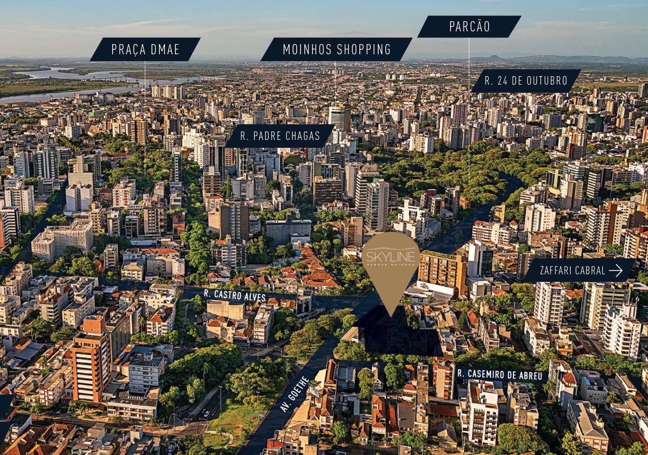 Mapa do entorno do Skyline Parque Moinhos, com o Parcão, o Moinhos Shopping e a Padre Chagas