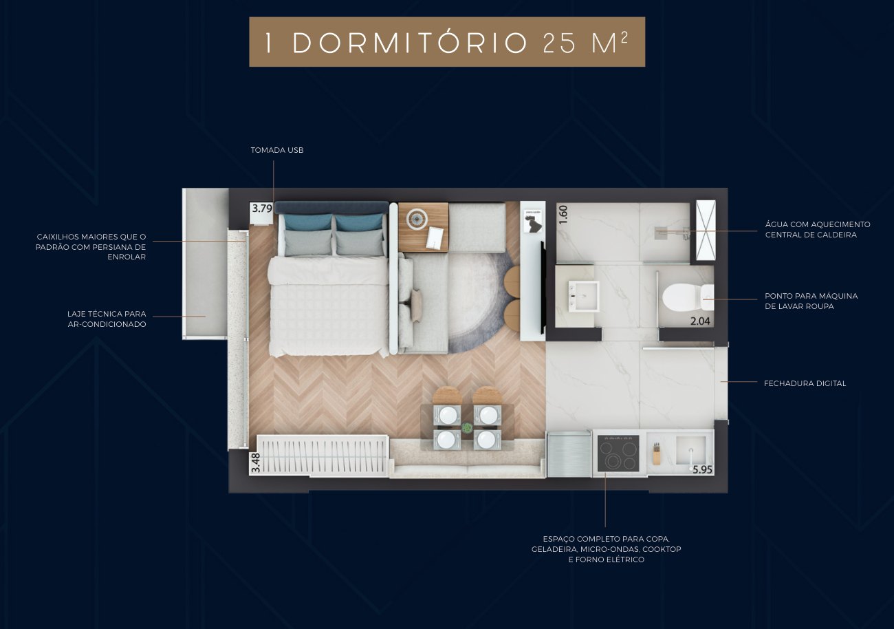 Planta 1 dormitório, 25 m² do Skyline Parque Moinhos