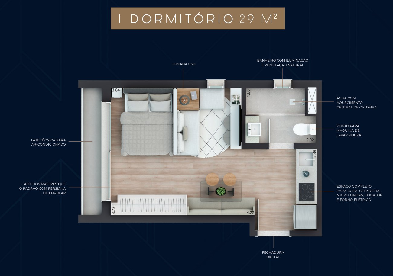 Planta 1 dormitório, 29 m² do Skyline Parque Moinhos