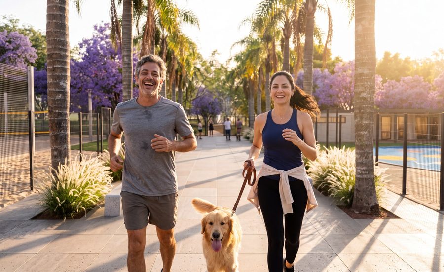 Casal correndo com o cachorro no parque