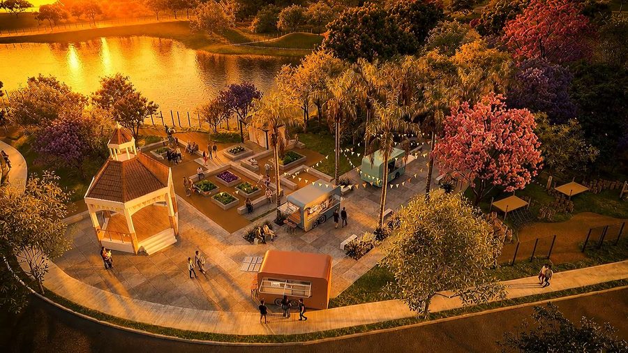 Lago do Parque Cora com gazebo ao entardecer