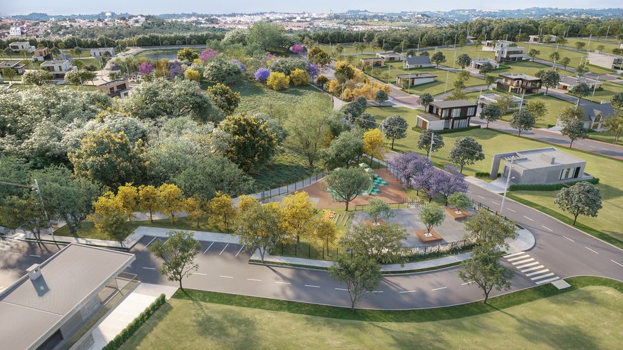 Parque do Verdes Campos com árvores e caminhos