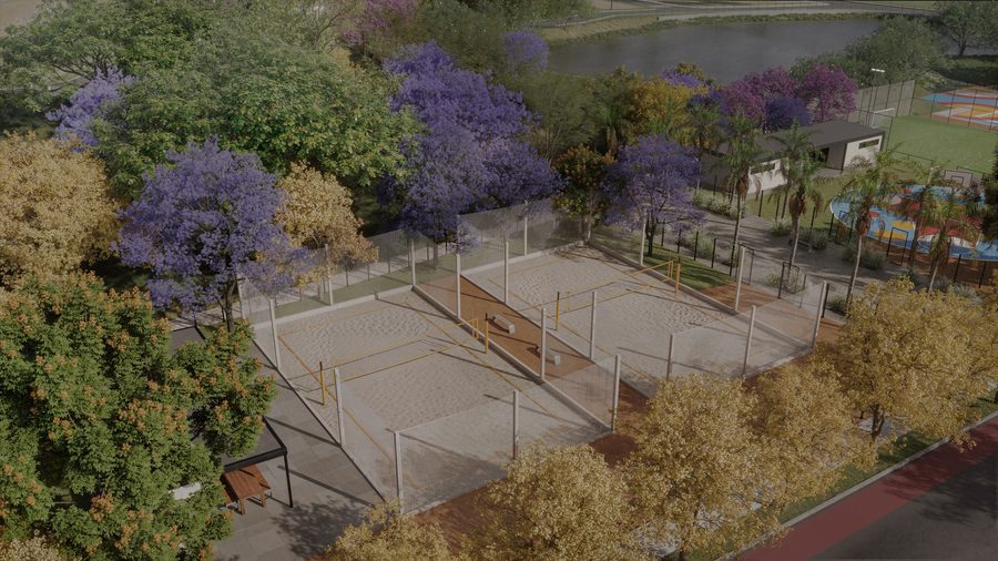 Quadras de areia cercadas por jacarandás